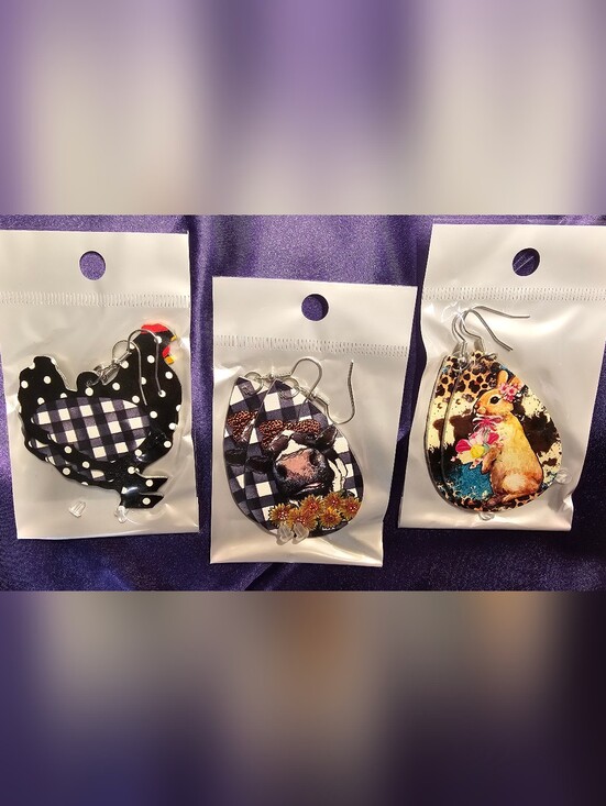 Jewelry - Farmhouse Faux Leather Earrings Bundle Chicken Cow Bunny Western Cute